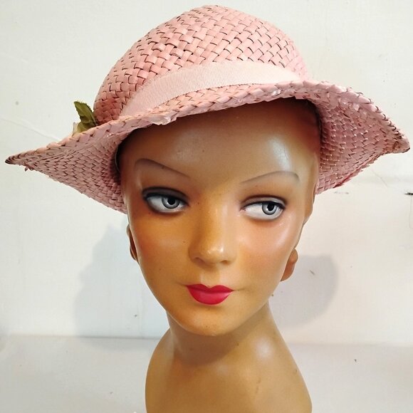 1970s Vintage Pink Straw Hat With Rose - Picture 2 of 6